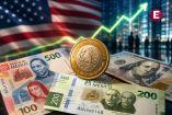 Peso mexicano se aprecia frente al dólar tras sólidos datos de empleo en Estados Unidos, con billetes mexicanos y estadounidenses.