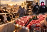 Ganado, trabajadores y agentes de ICE en una zona ganadera de Estados Unidos, con carne de res en primer plano.