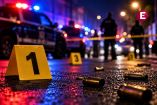 Primer plano de casquillos de bala en el suelo húmedo junto a marcadores de evidencia amarillos, en una escena del crimen nocturna acordonada con presencia de policías y luces de patrullas al fondo.