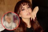 Angélique Boyer con cabello castaño largo y flequillo, junto a un recuadro circular con su nuevo look rubio.