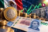 Billete mexicano de 500 pesos con el retrato de Benito Juárez, monedas nacionales y un billete de dólar estadounidense, en una composición que representa la apreciación del peso frente al dólar.