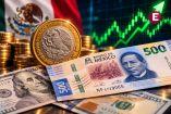 El peso mexicano se aprecia frente al dólar, con billete de 500 pesos, dólares estadounidenses y monedas mexicanas sobre un fondo de mercados financieros al alza.