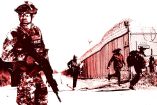Fotoarte de un militar de EU y migrantes escapando en la frontera México-EU.