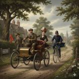 Ilustración histórica de finales del siglo XIX que muestra a un conductor en un automóvil primitivo siendo perseguido por un policía en bicicleta en un camino rural de Inglaterra, en referencia a la primera multa por exceso de velocidad registrada en 1896.