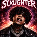 Retrato digital estilo trap oscuro de un joven rapero con rastas negras y puntas rojas, grillz plateados y cadenas gruesas