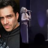 Omar Chaparra con mano abierta y holograma de Diego Verdaguer con Amanda Miguel