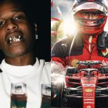 Asap Rocky sonriendo y piloto de F1 con traje Puma y automóvil abajo