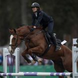 Jinete saltando un obstáculo con su caballo.