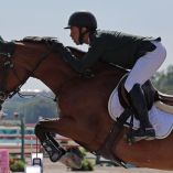 Jinete montando a su caballo en competencia, realizando un salto largo