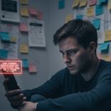 Hombre joven observa su celular con preocupación mientras en pantalla aparece un mensaje de advertencia de cobro. Detrás, una pared llena de notas adhesivas y documentos sugiere una situación de acoso o vigilancia. La imagen ilustra el impacto emocional del fraude digital por apps tipo montadeudas.