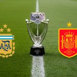 Escudos de Argenita y España junto al trofeo de la Finalissima.