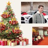 Fotoarte de un árbol de Navidad y regalos que Brock Purdy y Patrick Mahomes dieron.