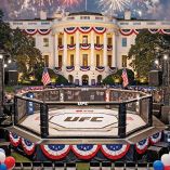 Ilustración de la Casa Blanca con un octágono del UFC en su patio principal.