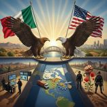 Ilustración sobre la cooperación de los gobiernos de México y EU; destacan las banderas y las águilas representativas de ambos países.