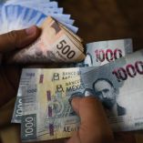 Aspectos de billetes y monedas de diferentes  denominaciones, peso mexicano.