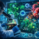 Investigador en laboratorio analiza con un microscopio la interacción entre macrófagos y células cancerígenas, representando una estrategia de nanotecnología y terapia celular basada en química click para el tratamiento del neuroblastoma.