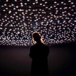 Una mujer observando una obra de la exposición Rafael Lozano-Hemmer: Jardín inconcluso.