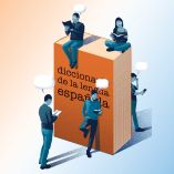 Ilustración sobre migrantes estudiando español; algunos sentados sobre un diccionario.