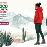 Ilustración editorial estilo acuarela: atleta mexicana de espaldas con chamarra roja y paisaje invernal con elementos desérticos, título “México en la justa de invierno”.