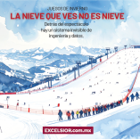 Ilustración editorial en acuarela de una pista olímpica de nieve con un corte tipo “rayos X” que muestra sensores, tuberías y cables bajo la superficie.