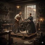 Ilustración histórica de Karl y Bertha Benz examinando el Motorwagen en un taller del siglo XIX, un triciclo motorizado considerado el primer automóvil moderno, símbolo del inicio de la movilidad individual.