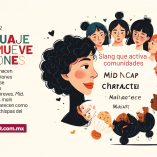 Ilustración editorial de jóvenes diversos formando un círculo alrededor de palabras de slang digital como mid, no cap, delulu y main character, representando cómo el lenguaje conecta comunidades.