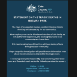 Comunicado institucional de la diputada federal Kate Chaney sobre la tragedia de Mosman Park, en Australia Occidental, donde se investigan las muertes de cuatro integrantes de una familia y se difunden líneas de apoyo en salud mental.