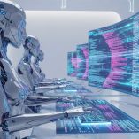 Androides escribiendo código en computadoras