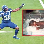 Derick Hall, linebacker de los Seahawks y una imagen cuando estaba en una incubadora.