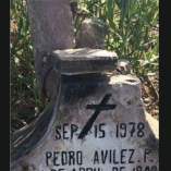 Detalle de una lápida con una cruz pintada y la inscripción “Sep. 15 1978 Pedro Avilés P.”, correspondiente a la fecha de muerte de Pedro Avilés Pérez en la sierra de Sinaloa.