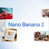 Composición gráfica con el título “Nano Banana 2” al centro y ejemplos de imágenes generadas por IA alrededor, incluyendo una bailarina, un insecto metálico, una granja con animales, un edificio moderno y una tarjeta ilustrada, en material promocional de Google.