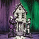 Ilustración de dos personas peleando legalmente por un bien inmueble.