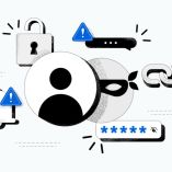 Ilustración conceptual de ciberseguridad Meta con iconos de alerta, candado y contraseña que simbolizan la prevención de fraude digital en redes sociales.