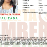 Ficha oficial de Alerta Amber muestra a Karla Esmeralda Terrón con datos físicos y la leyenda localizada tras su desaparición en Iztapalapa.