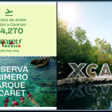 Anuncio turístico de Grupo Xcaret con snorkelistas en el mar y logotipo del parque con iconografía maya decorativa visible en letras promocionales.