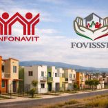 Ilustración con los logos del Infonavit y Fovissste, arriba de casas de interés social en México.