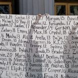 Padres que afirman haber perdido a sus hijos debido a las redes sociales sostienen una pancarta con los nombres de los menores afuera del tribunal.