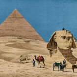 Vista de la esfinge y la pirámide de Kefrén, antes de las excavaciones hechas bajo la dirección de Mariette-Bey.