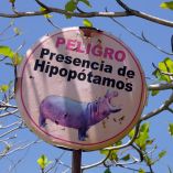 Señal circular con advertencia de peligro por presencia de hipopótamos en Colombia, colocada entre árboles en zona natural bajo cielo despejado.