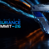 Gráfico promocional de Imagen Insurance Summit 2026 con tipografía azul y estructura triangular futurista sobre fondo oscuro dinámico.