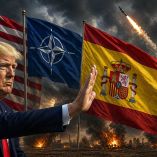 Ilustración de Donald Trump poniendo un alto a la bandera de España por no apoyar con Irán.
