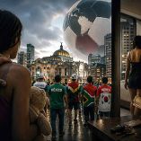 Ilustración sobre hospedaje y trata de personas rumbo al Mundial 2026 en la CDMX.