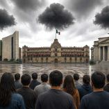 Ilustración de ciudadanos mexicanos que ven, entre nubarrones, a los poderes de la unión.