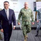 Los titulares de la Semar, de la SSPC, de la Defensa y de la Guardia Nacional, durante la conferencia del Gabinete de Seguridad.