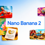 Composición gráfica con el texto Nano Banana 2 rodeado de imágenes generadas por IA, incluyendo una bailarina, insectos, arquitectura y escena rural