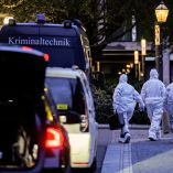 Peritos forenses con trajes blancos caminan junto a vehículos policiales en Leipzig durante la investigación del atropello en zona peatonal