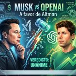 Infografía conceptual del juicio entre Elon Musk y OpenAI, mostrando a Musk y Sam Altman divididos por un mazo de juez que favorece al fundador de ChatGPT tras un veredicto unánime