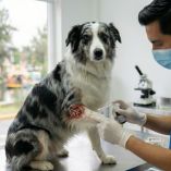 Médico veterinario tratando la herida de un perro pastor australiano infectado por el gusano barrenador del ganado en una clínica de Xochimilco, CDMX.