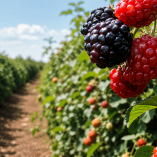 Zarzamoras maduras y en proceso de maduración crecen en un cultivo agrícola de berries bajo luz natural en México.