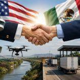 Representación del acuerdo entre Chihuahua y Texas con vigilancia fronteriza, drones, cámaras y camiones de carga en la frontera